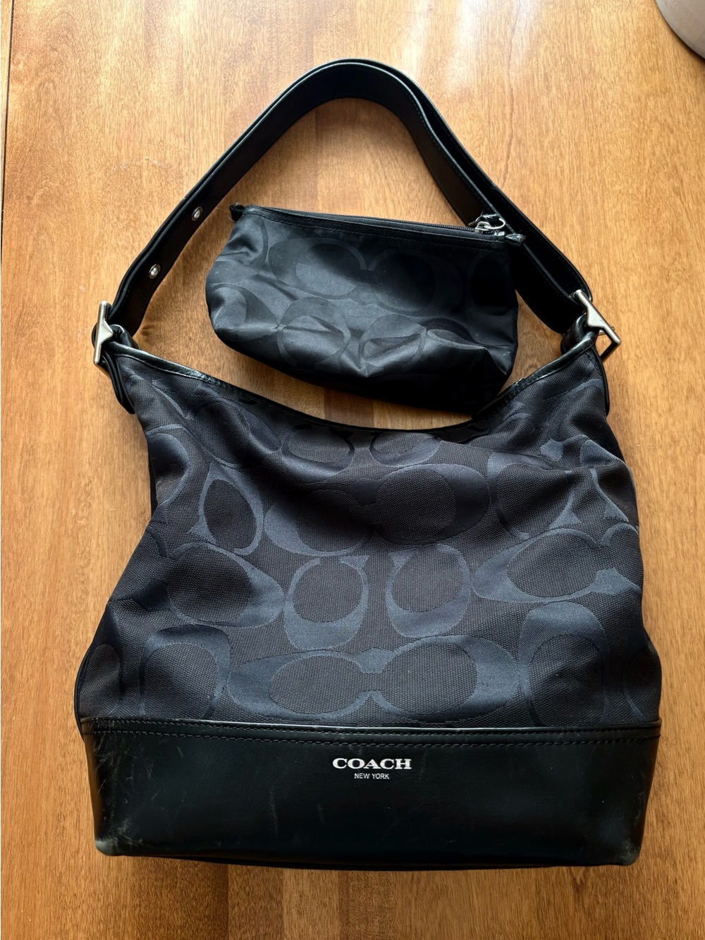Coach Black Signature Canvas Hobo with Matching Pouch